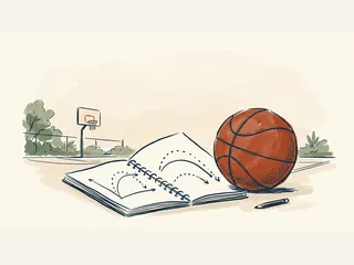 Un balón de baloncesto acompaña un cuaderno con trayectorias dibujadas junto a una pista.
