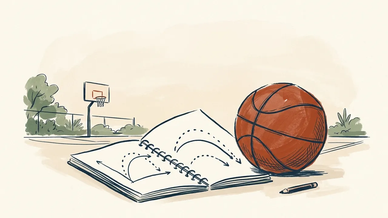 Un balón de baloncesto acompaña un cuaderno con trayectorias dibujadas junto a una pista.
