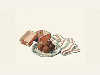 Cinco trufas de chocolate en un plato junto a una caja vacía y un paño de rayas.