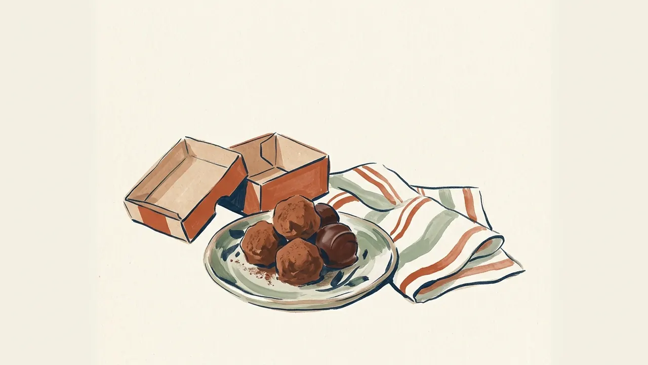 Cinco trufas de chocolate en un plato junto a una caja vacía y un paño de rayas.