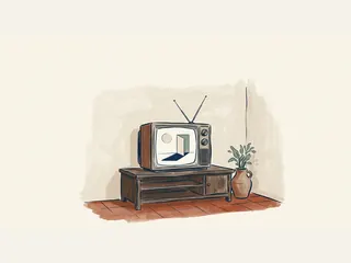 Televisor antiguo con una puerta y un círculo abstractos en pantalla, sobre un mueble de madera.