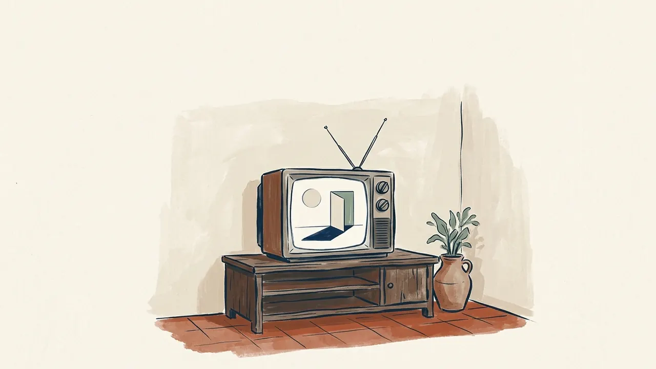 Televisor antiguo con una puerta y un círculo abstractos en pantalla, sobre un mueble de madera.