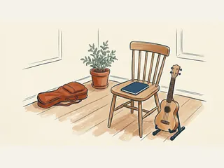 Ukelele de cuatro cuerdas sobre un soporte junto a una silla y un cuaderno azul.