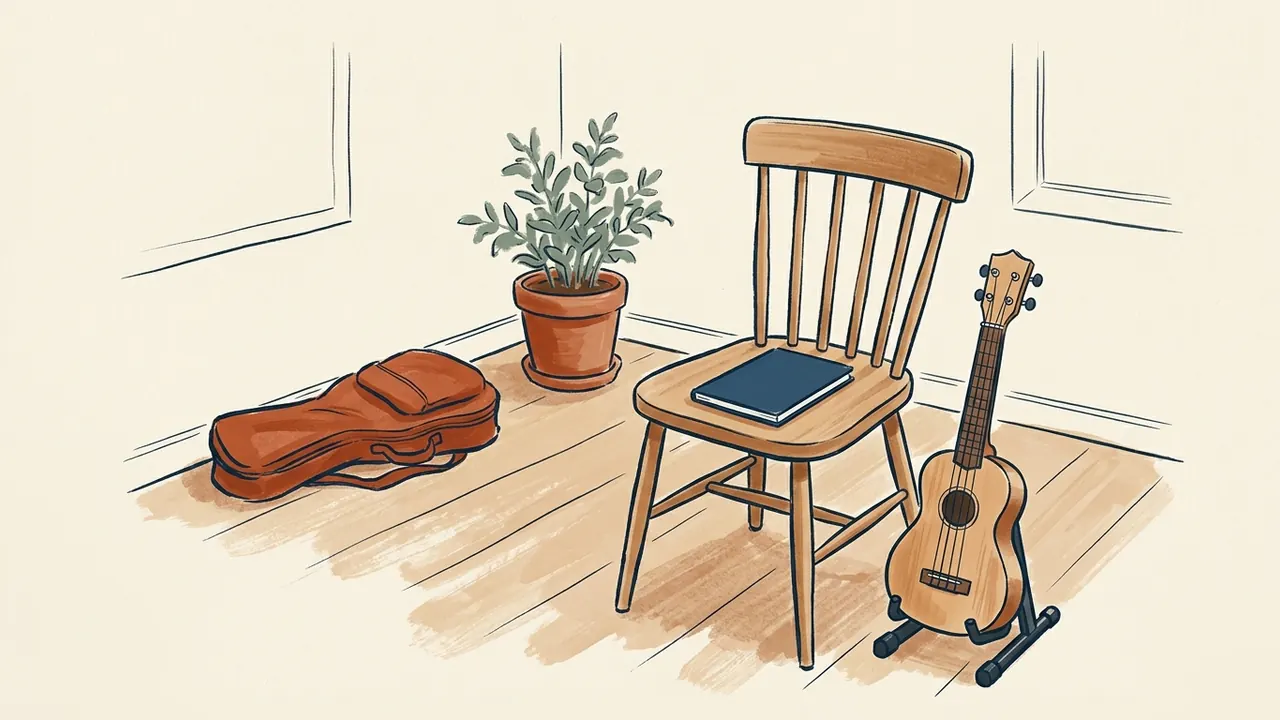 Ukelele de cuatro cuerdas sobre un soporte junto a una silla y un cuaderno azul.