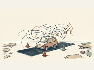 Maqueta de un coche con sensor en el techo y ondas de percepción, sobre una pequeña carretera de taller.