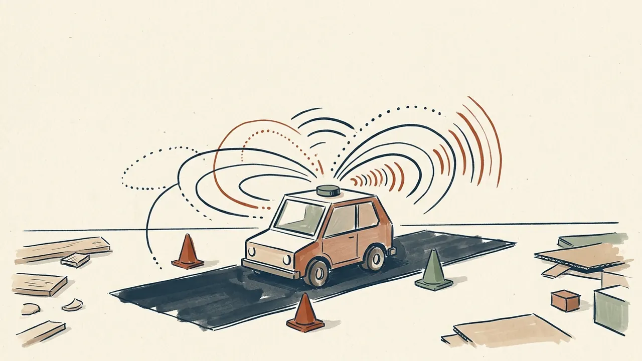 Maqueta de un coche con sensor en el techo y ondas de percepción, sobre una pequeña carretera de taller.