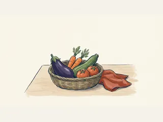 Cesta de mimbre con berenjena, zanahorias, calabacín y tomates junto a un paño.