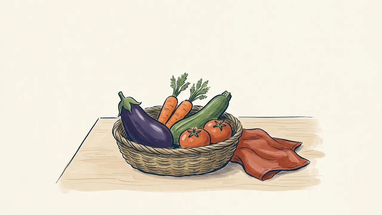 Cesta de mimbre con berenjena, zanahorias, calabacín y tomates junto a un paño.