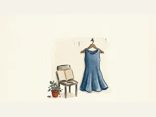 Un vestido azul cuelga junto a una silla con un cuaderno de diseño.