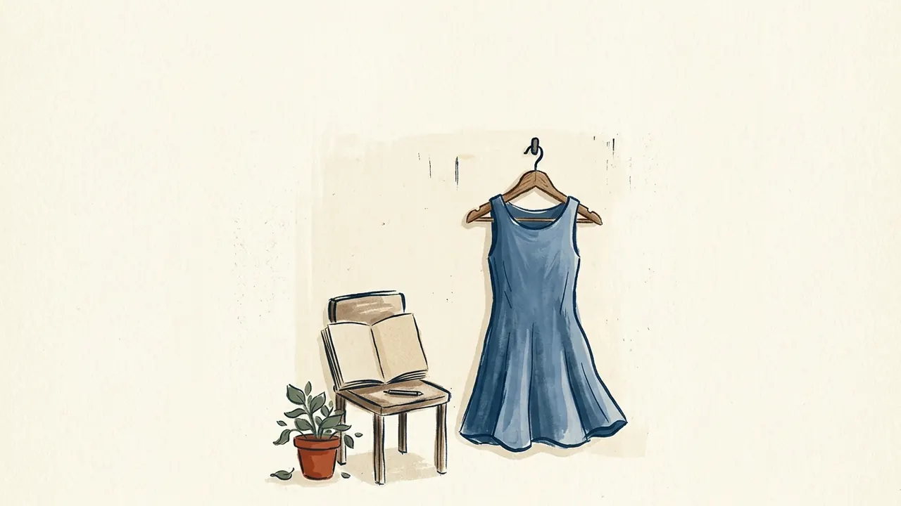 Un vestido azul cuelga junto a una silla con un cuaderno de diseño.