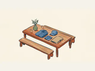 Una camisa, una gorra y un pañuelo azules están ordenados sobre una mesa junto a una carpeta cerrada.