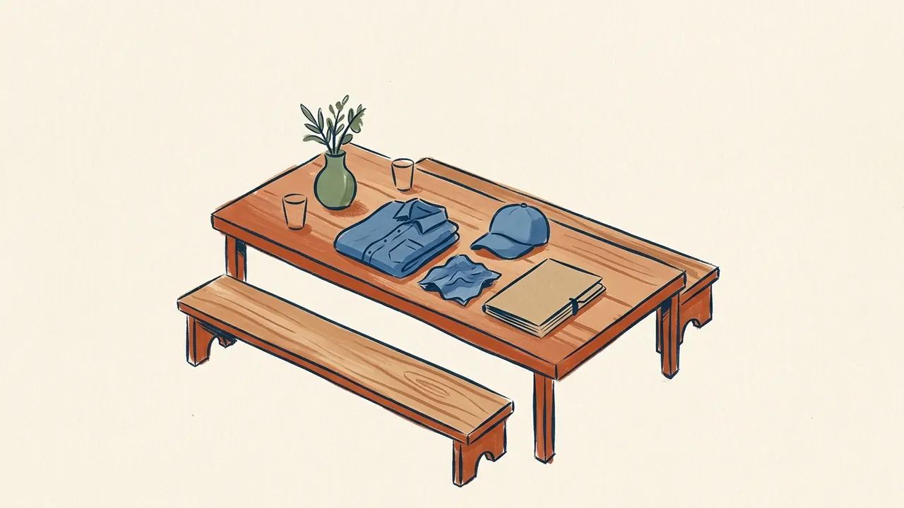 Una camisa, una gorra y un pañuelo azules están ordenados sobre una mesa junto a una carpeta cerrada.