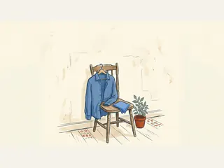 Una camisa azul en una percha sobre una silla, junto a un pañuelo azul y una planta.