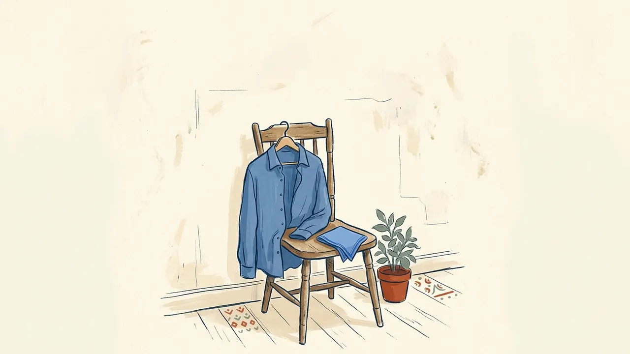 Una camisa azul en una percha sobre una silla, junto a un pañuelo azul y una planta.