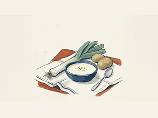 Cuenco de vichyssoise con un puerro, dos patatas y una cuchara sobre un paño.