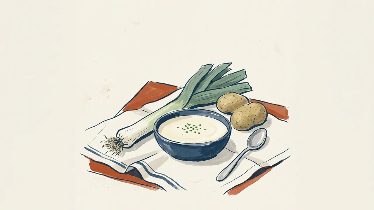 Cuenco de vichyssoise con un puerro, dos patatas y una cuchara sobre un paño.