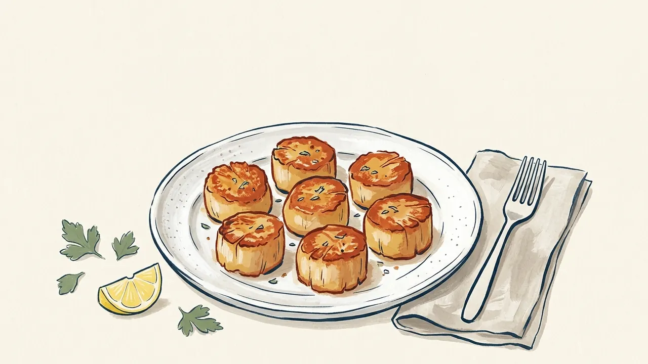 Medallones de vieira dorados en un plato con limón y perejil.
