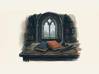 Dos libros antiguos y una pluma sobre una mesa ante una ventana con lluvia.