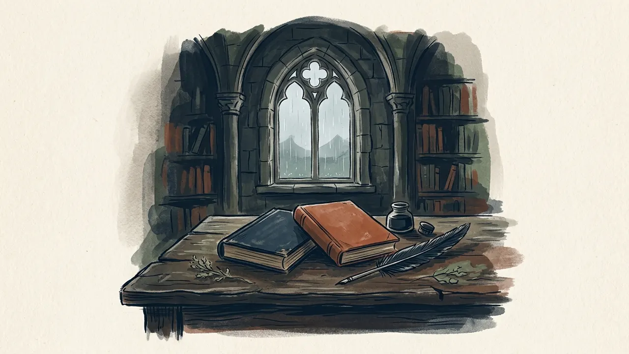 Dos libros antiguos y una pluma sobre una mesa ante una ventana con lluvia.