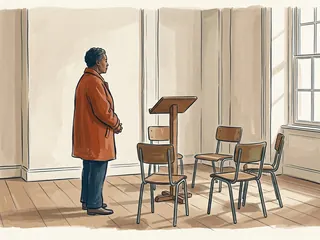 Una persona adulta contempla varias sillas vacías y un atril de madera en una sala luminosa.