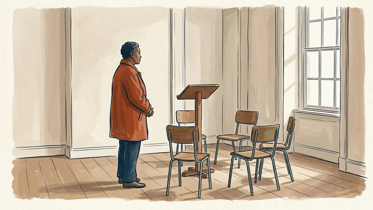 Una persona adulta contempla varias sillas vacías y un atril de madera en una sala luminosa.