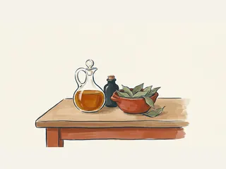 Vinagrera de cristal, botella pequeña y cuenco de hojas sobre una mesa.