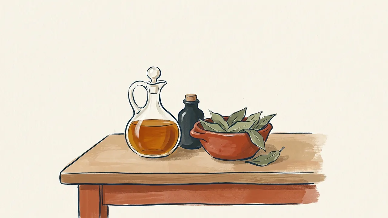 Vinagrera de cristal, botella pequeña y cuenco de hojas sobre una mesa.