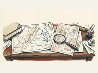 Mapa esquemático y documentos antiguos con una lupa sobre una mesa de archivo.