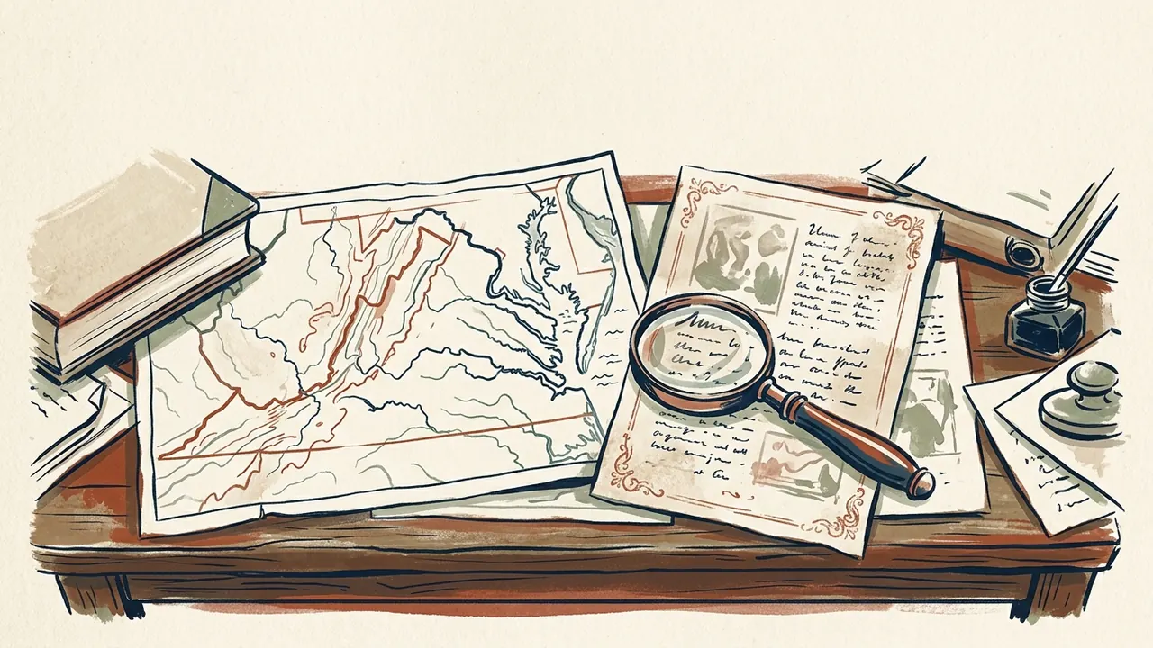 Mapa esquemático y documentos antiguos con una lupa sobre una mesa de archivo.