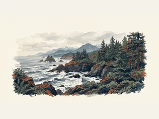 Costa rocosa del noroeste del Pacífico con coníferas y montañas nevadas al fondo.