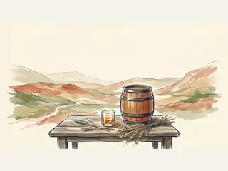Un pequeño barril, espigas y un vaso con líquido ámbar aparecen sobre una mesa ante un paisaje de colinas.