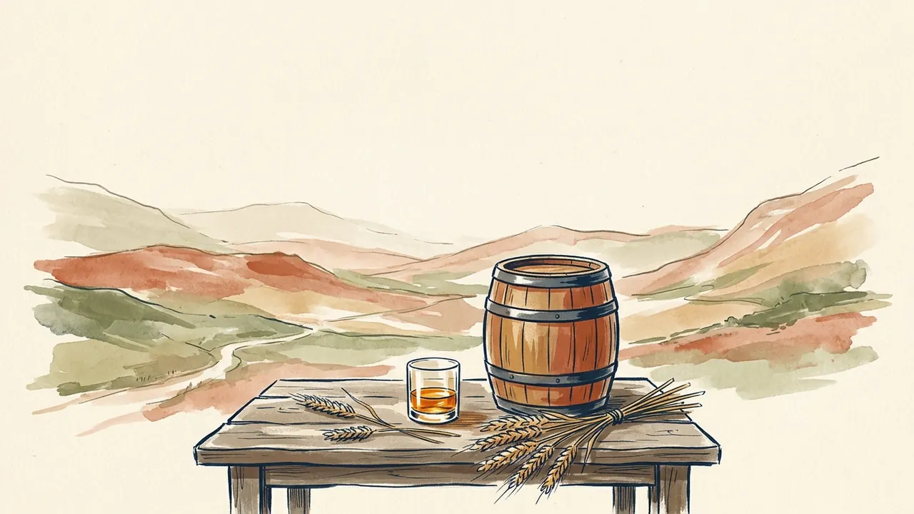 Un pequeño barril, espigas y un vaso con líquido ámbar aparecen sobre una mesa ante un paisaje de colinas.