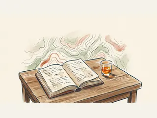 Un libro abierto y un vaso con líquido ámbar descansan sobre una mesa de madera.