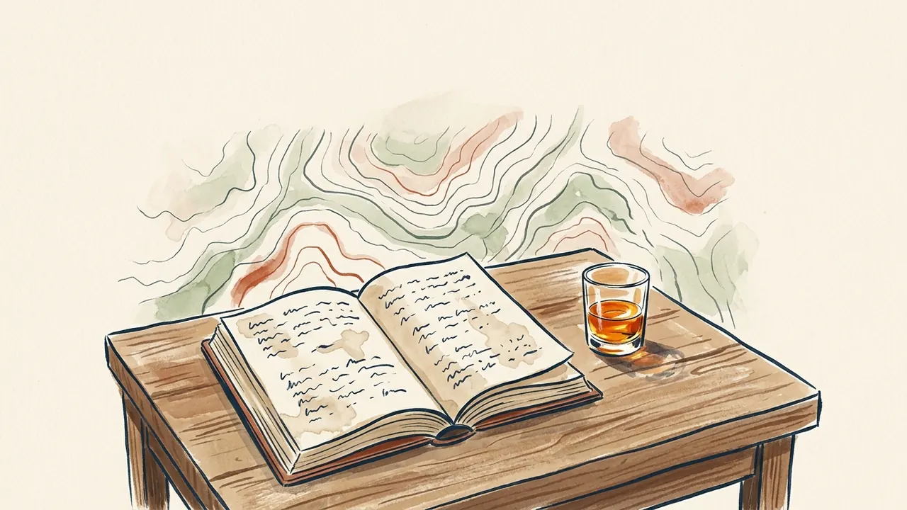 Un libro abierto y un vaso con líquido ámbar descansan sobre una mesa de madera.