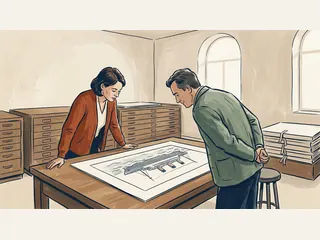 Dos personas adultas observan una ilustración de un barco de pasajeros sobre una mesa de archivo.