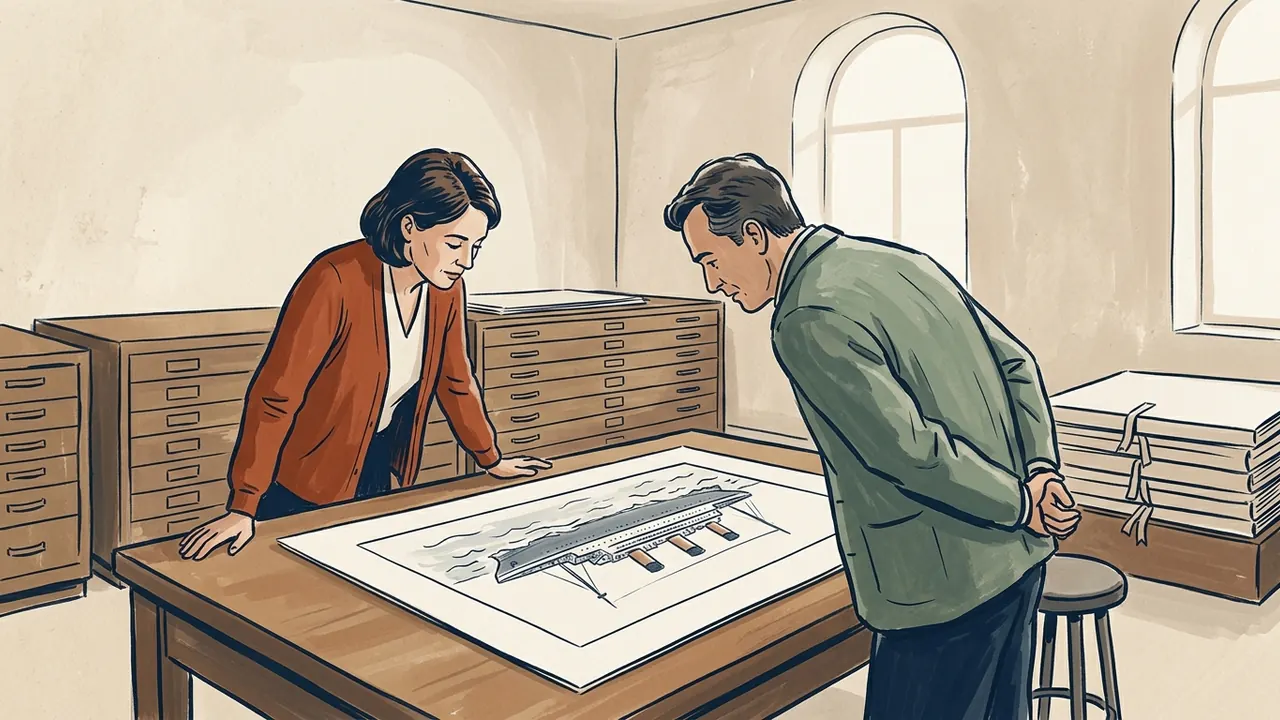 Dos personas adultas observan una ilustración de un barco de pasajeros sobre una mesa de archivo.