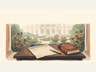 Un documento, una pluma y un libro ante un jardín de rosas evocan un reconocimiento histórico.
