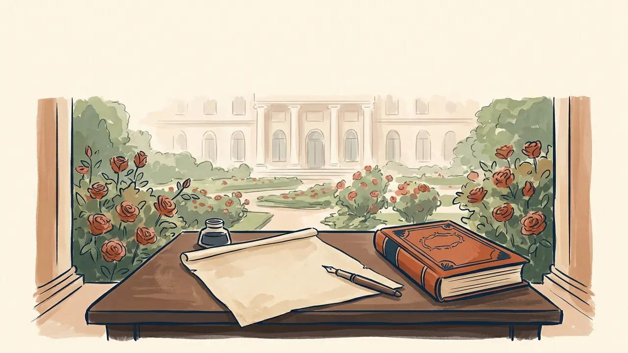 Un documento, una pluma y un libro ante un jardín de rosas evocan un reconocimiento histórico.