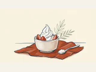 Yogur helado con fresas en un cuenco y una cuchara al lado.