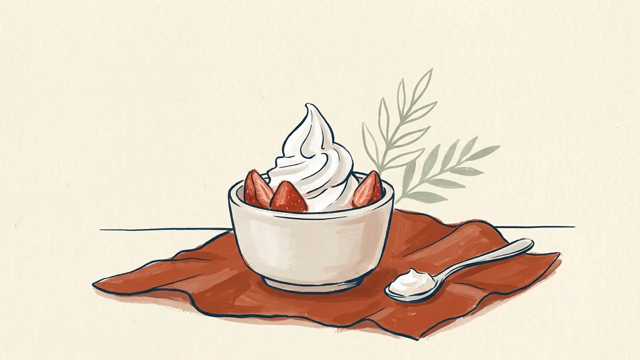 Yogur helado con fresas en un cuenco y una cuchara al lado.
