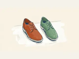 Dos zapatos de la misma forma, uno teja y otro verde, sobre fondo marfil.