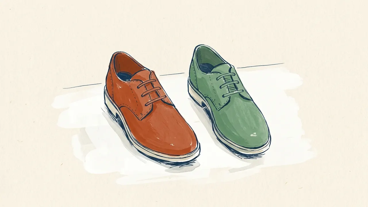 Dos zapatos de la misma forma, uno teja y otro verde, sobre fondo marfil.