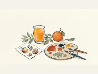 Un vaso de zumo y una naranja junto a una paleta, pinceles y un boceto de cítricos.