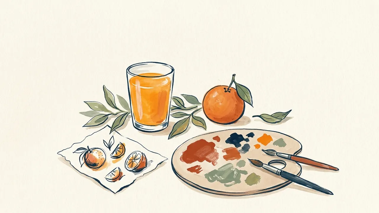 Un vaso de zumo y una naranja junto a una paleta, pinceles y un boceto de cítricos.